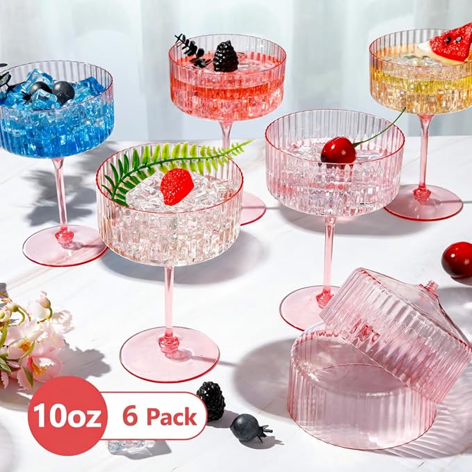 Jingmore 6 Pcs Ribbed Martini Glasses 10 oz Disposable Plastic Vintage Ribbed - Image 5