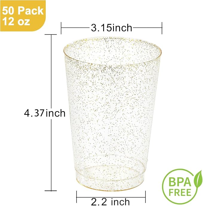I00000 50 Pack 12 oz Gold Glitter Plastic Cups, Disposable Plastic Wine Glasses - Image 2