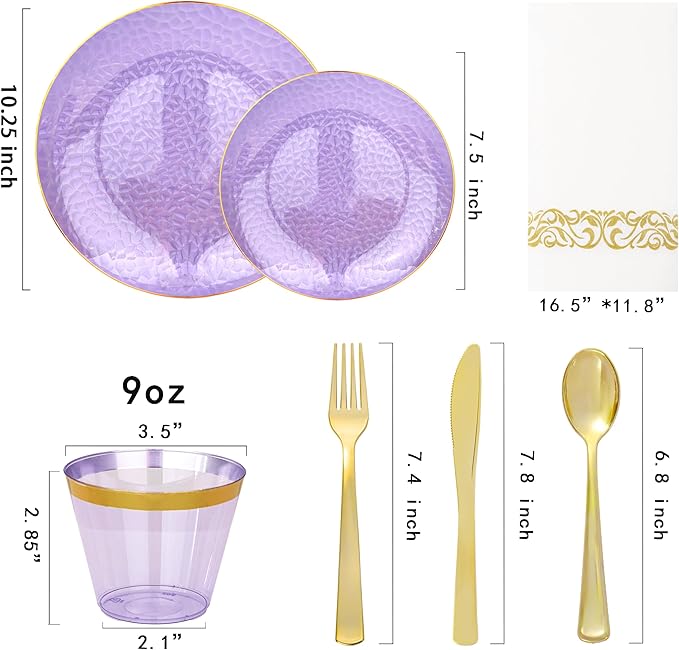 Rubtlamp 175 Pcs Purple Plastic Dinnerware Set, Hammered Party Platos, Plates - Image 2