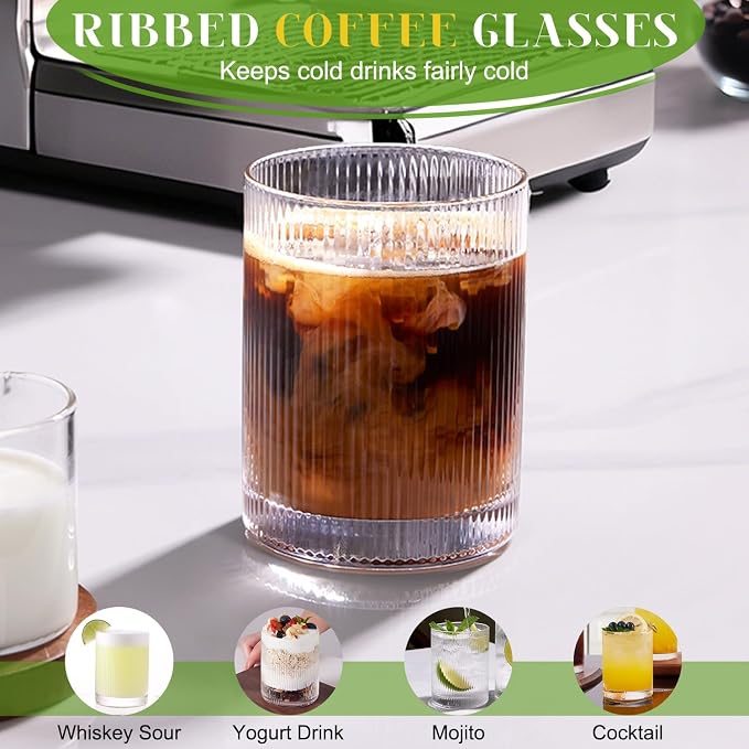 Drinking Water Glass Cups Set, Crystal Clear ribbed Glass set of 8, 17oz&12oz | - Image 4
