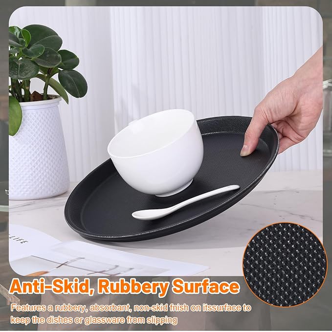 Mwellewm 6 Pcs Round Serving Tray, 11 Inch Non Slip Surface Round Tray Black - Image 4