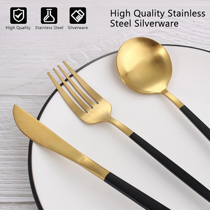 VANVRO Matte Black Gold Silverware Set, 20-Piece Stainless Steel Flatware Set - Image 4