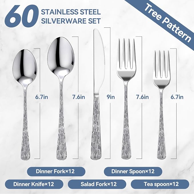 Yoehka 60Piece Hammered Silverware Set, Stainless Steel Flatware Set - Image 8