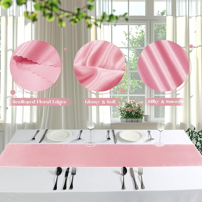 VACVELT Blush Pink Satin Table Runners, 12x72 Inch, 2 Pack, Scalloped Edge | - Image 6