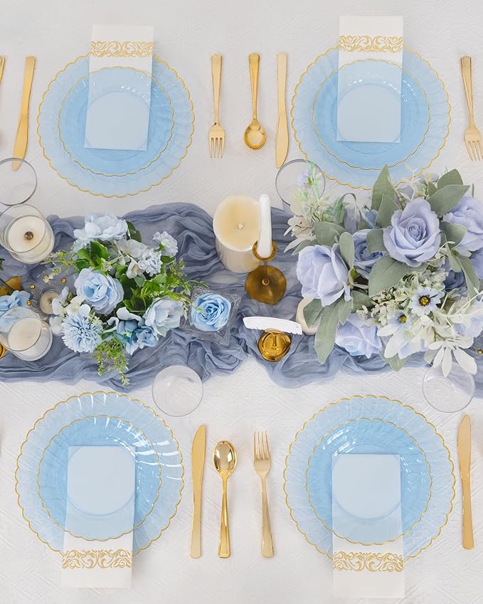 YOUBET 175PCS Clear Blue Scalloped Plastic Plates - Image 6