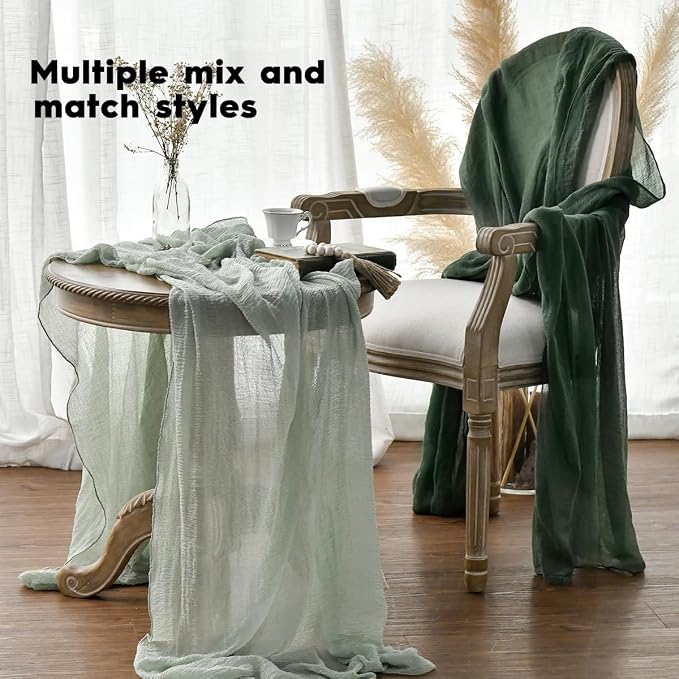 Artoid Mode Boho Cheesecloth Gauze Forest Green Wedding Table Runner, 160 Inch - Image 4