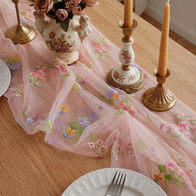 Pink Floral Table Runner 10ft Embroidery Tulle Spring Wildflower Table Runner - Image 4
