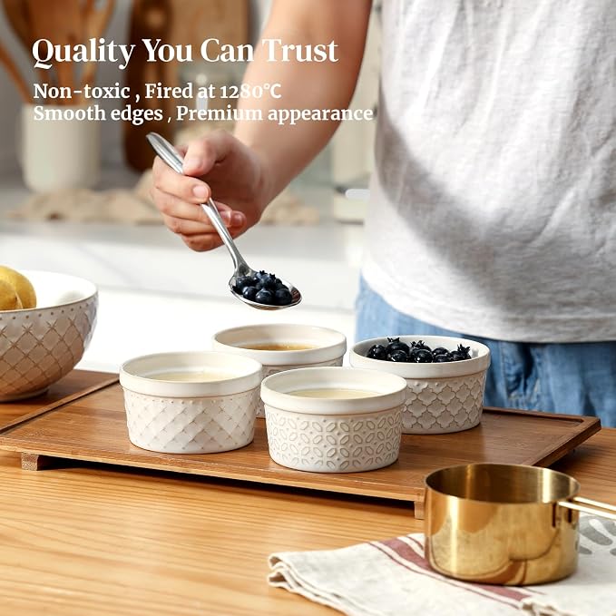 Dowan Ramekins 4 oz Oven Safe Set of 6, Arctic White Porcelain Baking Bowls and - Image 3
