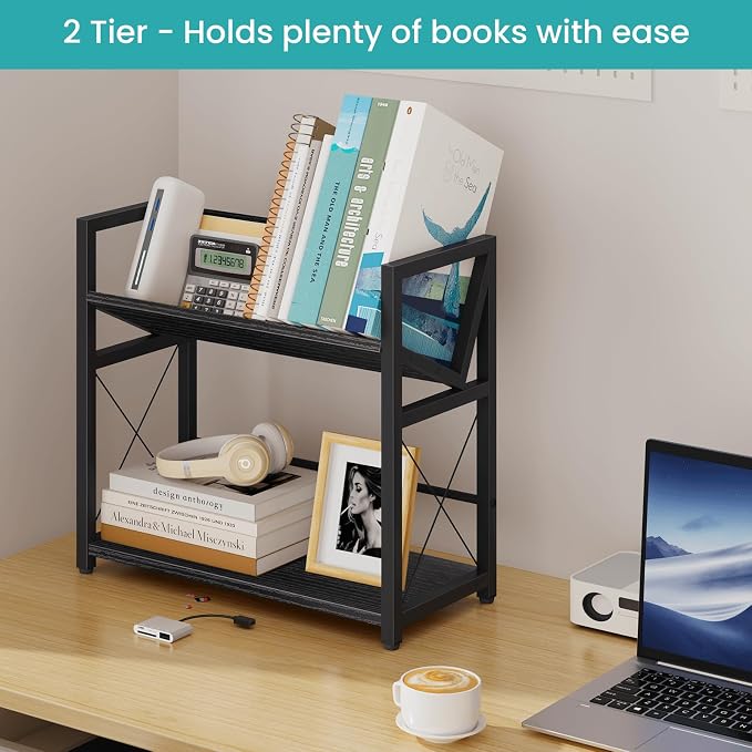 ELITEROO Desktop Bookshelf, 2 Tier Desk Book Organizer Shelf, Wood Tabletop - Image 4