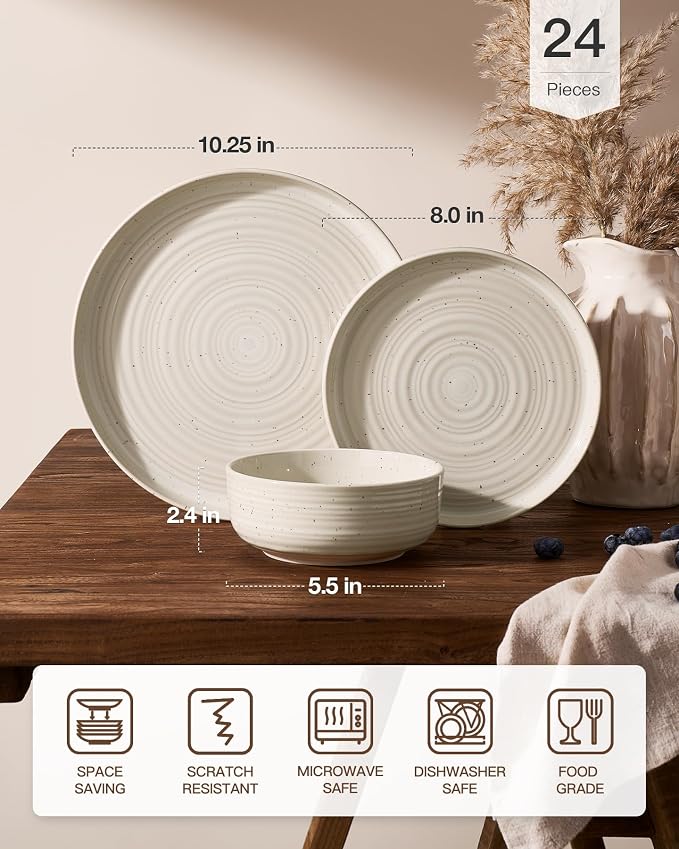 Stoneware Dinnerware Set for 8, Reactive Glaze Plates & Bowls, Shell Beige | - Image 7