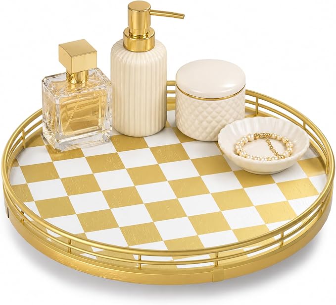 AMH 10-Inch Gold Checkerboard Lazy Susan Vanity Tray by AMH