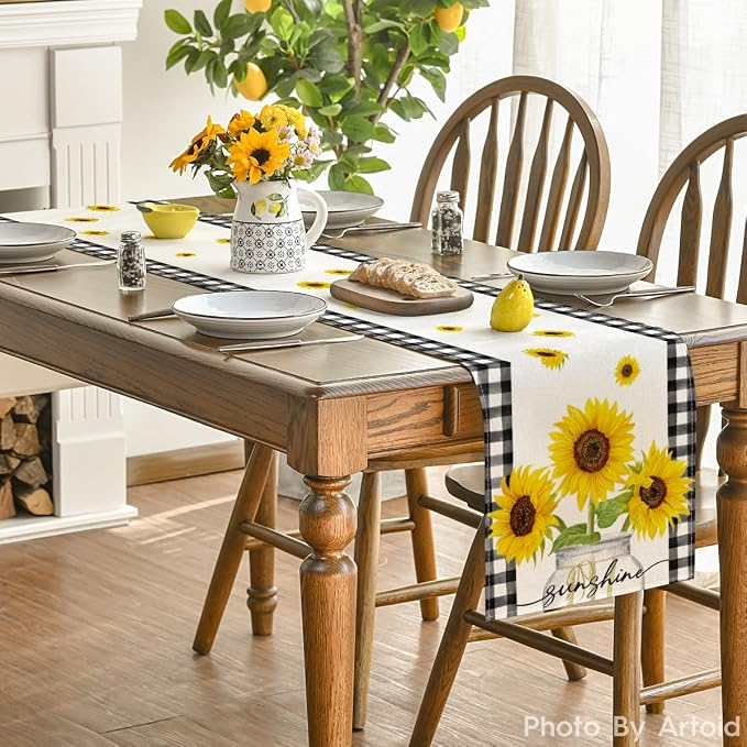 Artoid Mode Buffalo Plaid Sunflower Sunshine Vase Summer Table Runner, Spring - Image 4