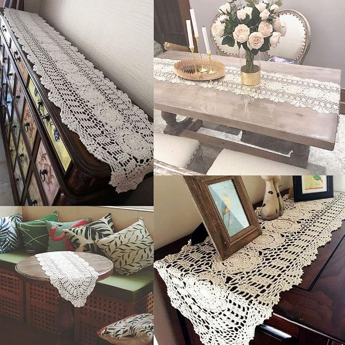 Cotton Handmade Crochet Lace Oval Table Runner Blue 12x60 Inch - Image 3