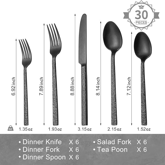 30 Pcs Black Hammered Silverware Set - Image 2