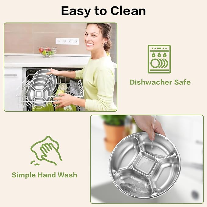 5 Compartments Stainless Steel Kids Plates | 8.8'' Round Metal Toddler Divided - Image 6