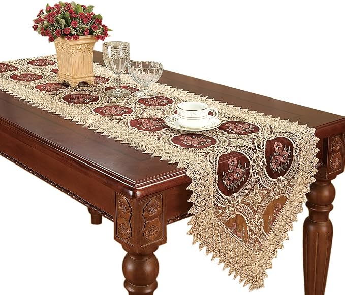 Antique Gold Lace Table Runner Embroidered Burgundy Organza 16 × 90 Inch by Simhomsen