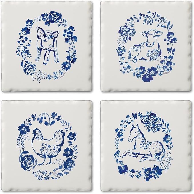 Thirstystone Blue Painted Farm 4 Pack Tumbled Tile Stone Coasters | 4" Square by CounterArt