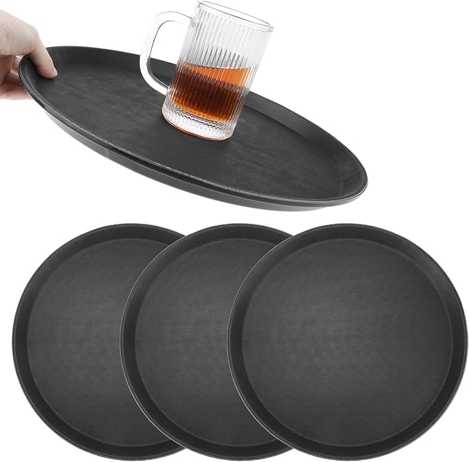 QWORK 14-Inch Round Non-Slip Serving Tray Set – 4Pack Rubber Surface Drink & by QWORK