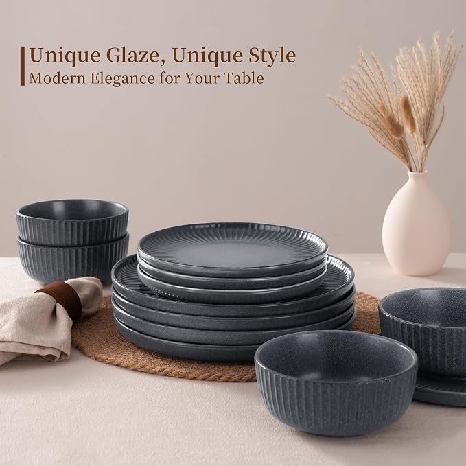 Famiware Ceramic Plates and Bowls Sets, Reactive Glaze Ribbed Dishes - Image 6