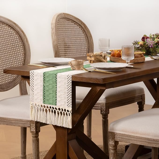 DeZerlor Ivory&Sage Green Boho Macrame Farmhouse Woven Table Runner 48Inch | - Image 3