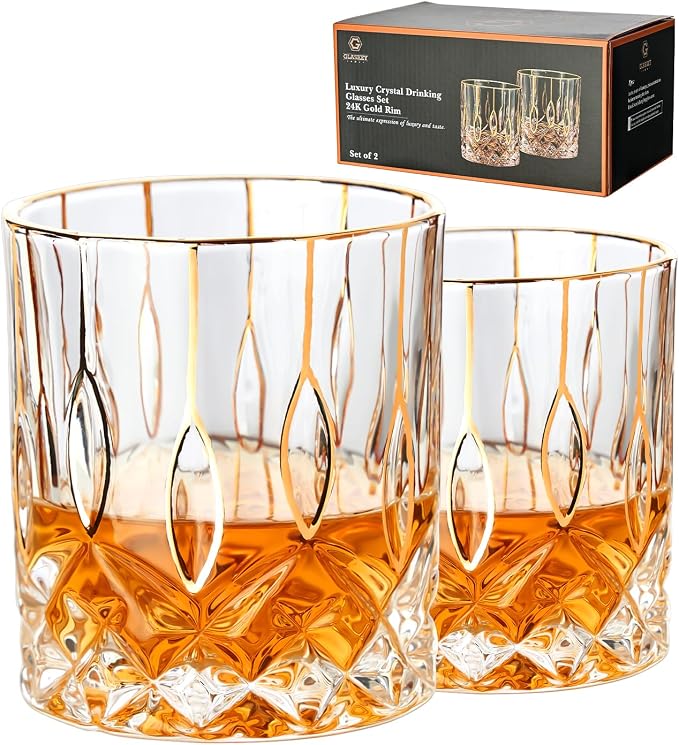 GLASKEY Gold Rim Whiskey Glasses Set of 2, Crystal Old Fashioned Glasses-Luxury by GLASKEY