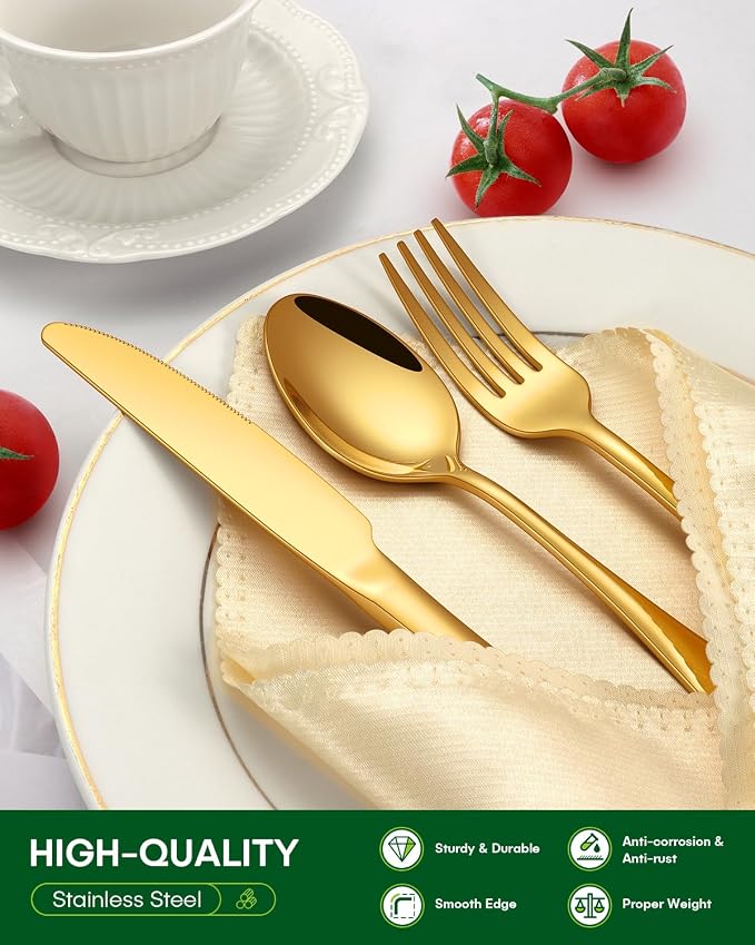 PHILIPALA 60 Piece Gold Silverware Set, Stainless Steel Flatware Set - Image 3