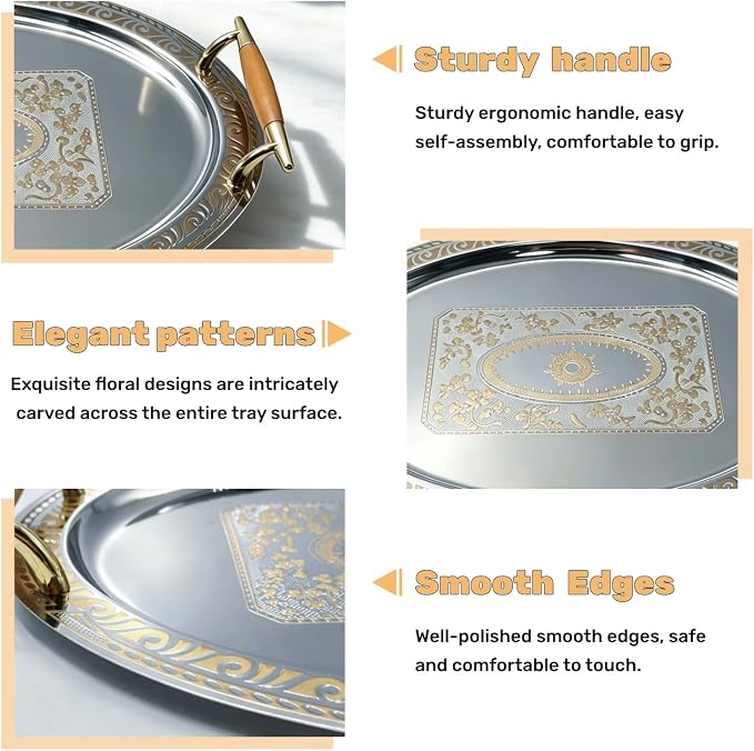 4 Pack Oval Silver Tray with Handles, Stainless Steel Serving Tray, Metal - Image 2