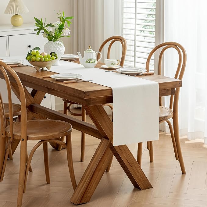 Laolitou White Table Runners 72 Inches Long, Burlap Linen Texture Farmhouse - Image 2