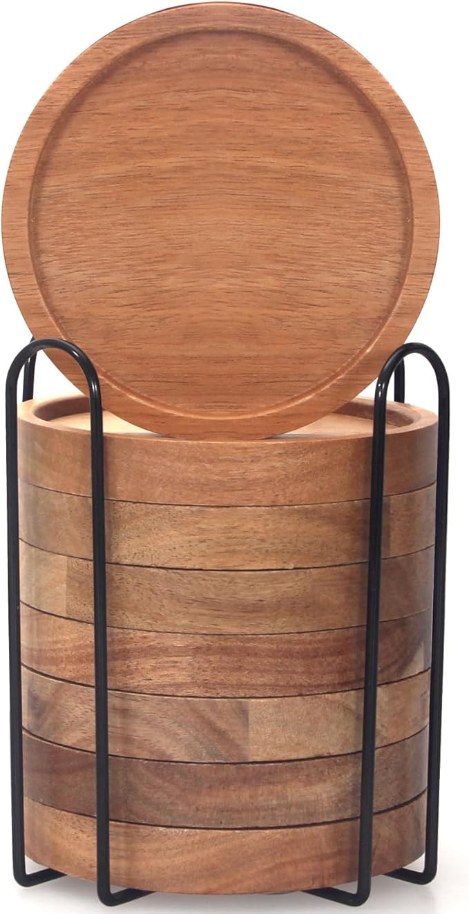 Acacia Wood Coasters Set of 8 Bar Accessories Table Decor Wooden Coaster | - Image 5