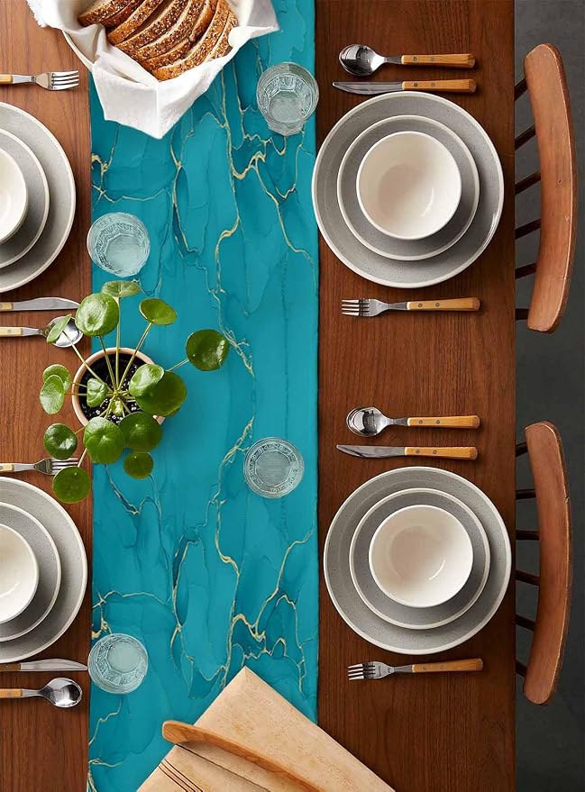 Teal Marble Table Runners 48 Inches Long, Turquoise Marble Crack Table Runner - Image 5