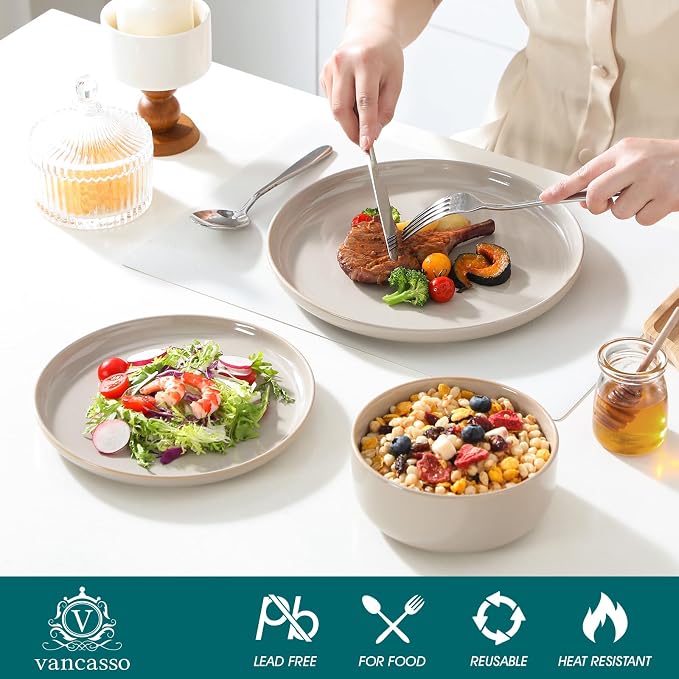 vancasso PLAYA Ceramic Plates and Bowls Sets, 24 Pieces Grey Dinnerware Sets - Image 3