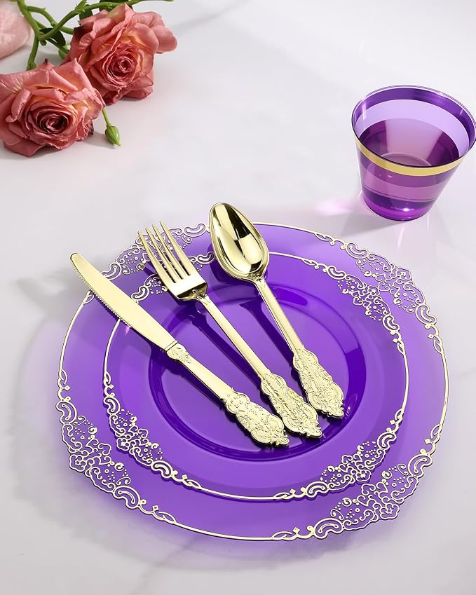 350 Piece Clear Purple Plastic Dinnerware Set - Image 6
