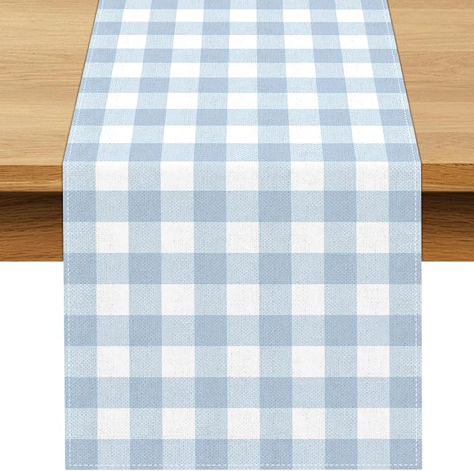 Dusty Blue Gingham Table Runner Blue Checkered Boy Girl Baby Shower Birthday by Buxiuer