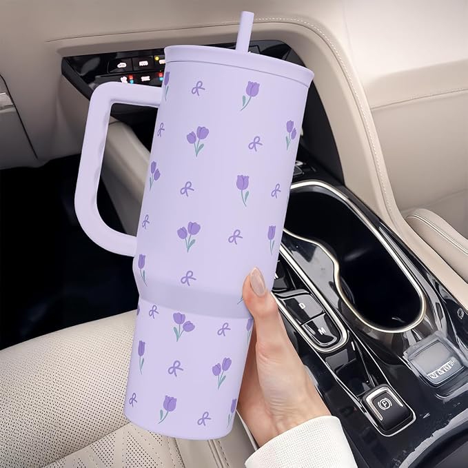 Floral 40oz Tumbler with Handle and Straw – Tulip Insulated Stainless Steel - Image 6