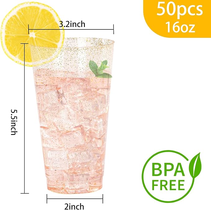 I00000 16 oz Gold Plastic Cups, 50 Pack Gold Glitter Plastic Cups Tumblers - Image 3