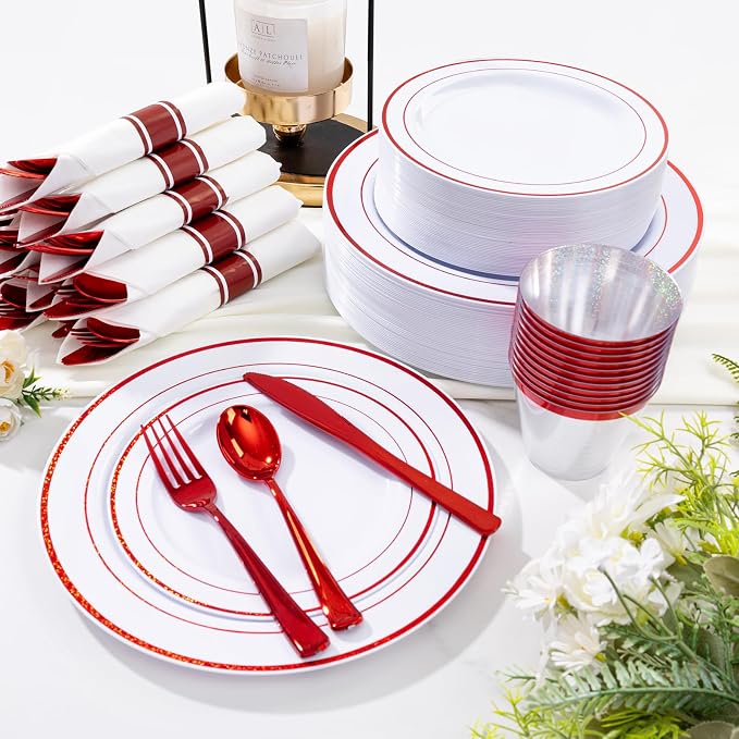 WELLIFE 350-Piece Red Plastic Party Dishware Set - Image 3