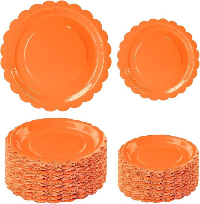 50 Pcs Orange Scalloped Paper Plates 25 × 7'' and 25 × 9'' Disposable Orange by FALIZIFU