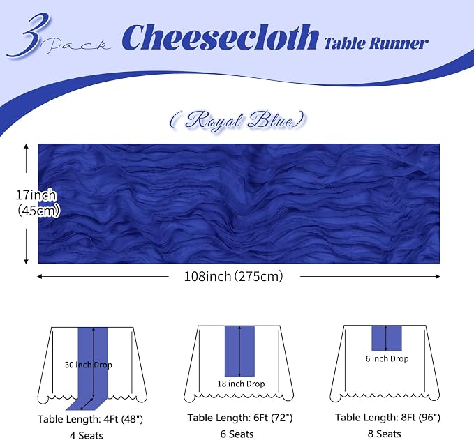 3 Pack Royal Blue Cheesecloth Table Runner, 17 x 108 inch, Semi Sheer Boho - Image 3