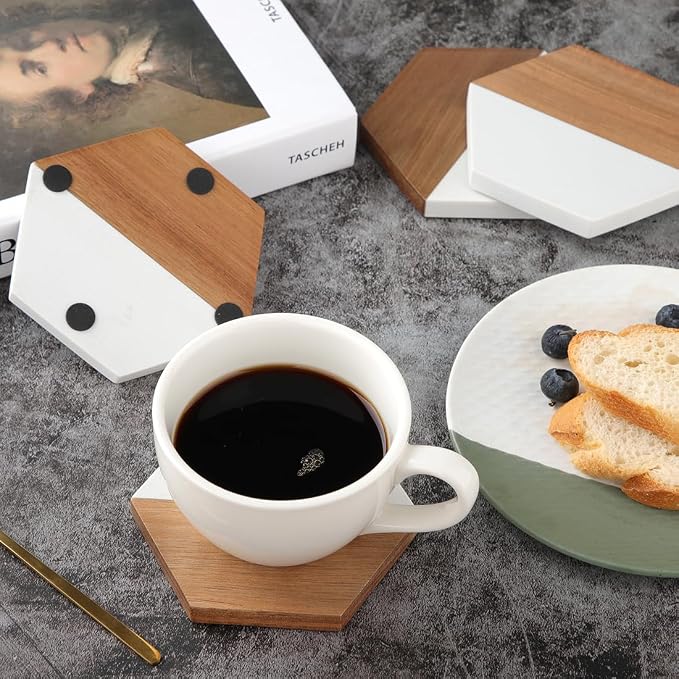WLWNWFT Wood Marble Coasters for Drinks, Modern Rustic Acacia Hexagon Coaster - Image 5