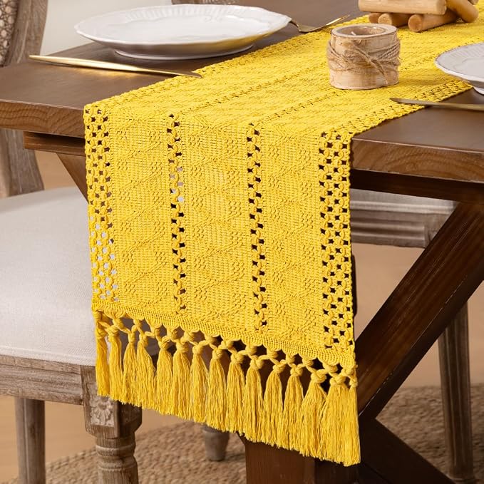 DeZerlor Yellow Boho Macrame Farmhouse Woven Table Runner 108Inch | Cotton - Image 7
