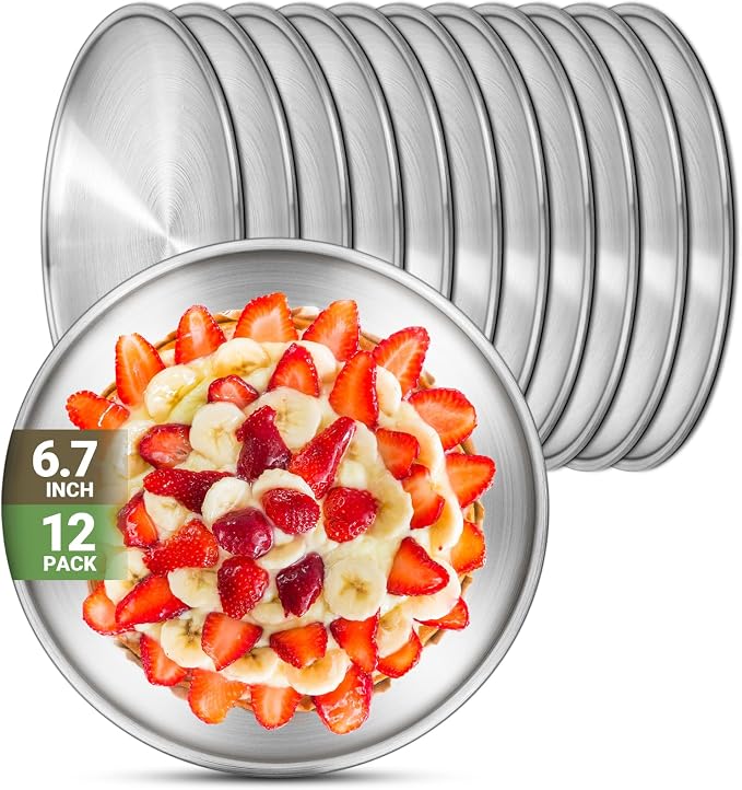 Stainless Steel Plates, 12 Set 6.7 inch 304 Metal Food Serving Plate, Reusable by Offiper