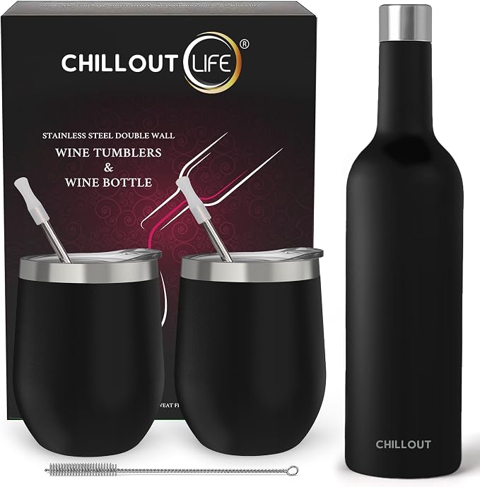 CHILLOUT LIFE 12 oz Stainless Steel Wine Tumblers 2 Pack & 1 Insulated Wine by CHILLOUTLIFE