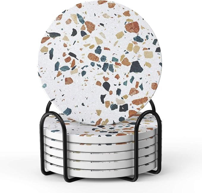 LIFVER Coasters Set of 6, Terrazzo Style Ceramic Drink Coasters by LIFVER