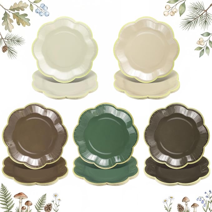 60 Pcs Woodland Baby Shower Party Plates 7 Inch Brown and Green Plates | Forest by NatNarr