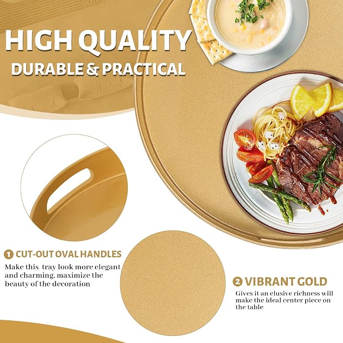 13" Gold Decorative Tray, Plastic Round Serving Tray - Image 3