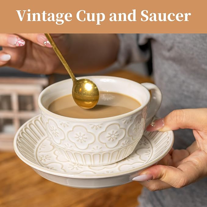Latte Cup with Saucer, 12 OZ Cappuccino Cup Vintage Cafe Art Cups - Image 2