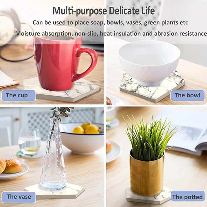 8 Pcs Drink Coasters with Metal Holder Stand, Marble Design Ceramic Coaster Set - Image 6