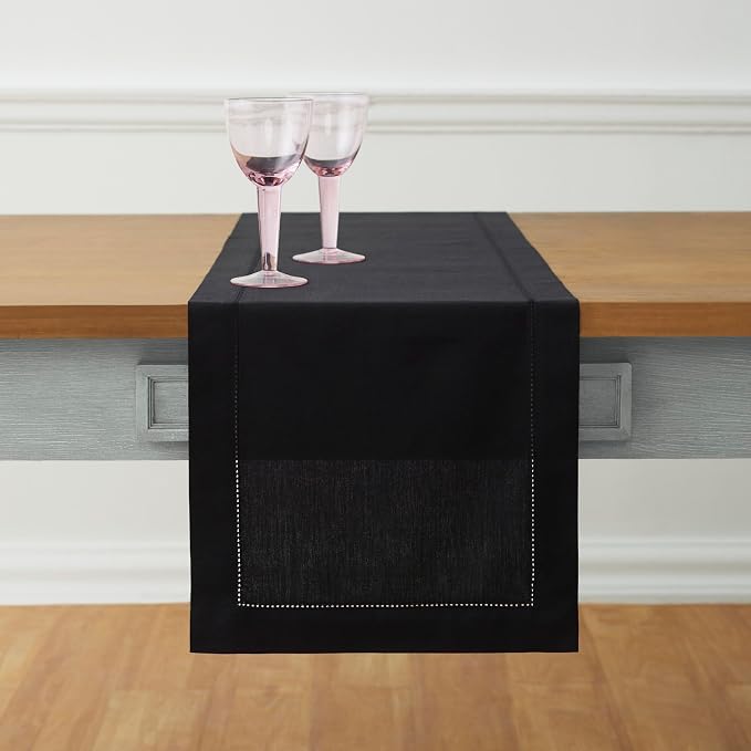 Solino Home Cotton Linen Dining Table Runner Black Hemstitch, 14 x 72 in | by SolinoHome