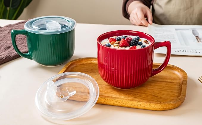 Ceramic Soup Bowl with Handle & Lid, 32oz Microwave Ramen Bowl Set of 2 | - Image 9