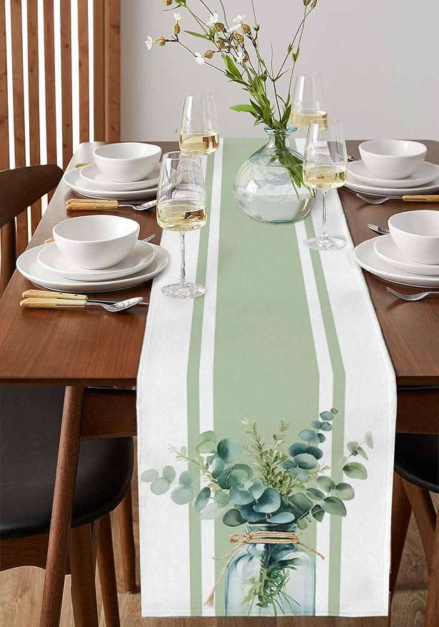 Sage Green Eucalyptus Leaves Table Runners 72 Inches Long, Farmhouse Stripe - Image 2